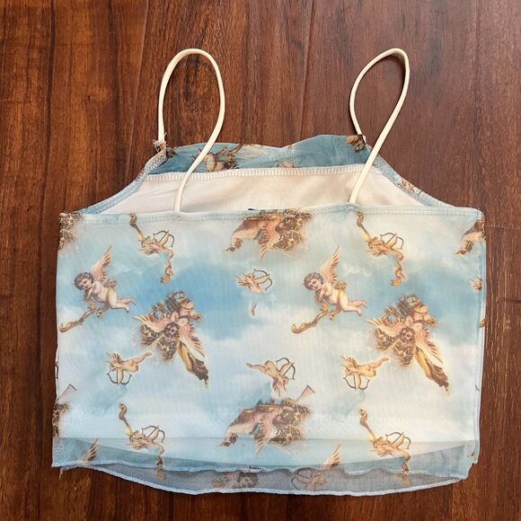 90s Y2K Angel Print Mesh Cami Crop Top Size S - Picture 2 of 4